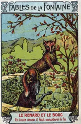De Vos en de Bok - Fabels van Jean de La Fontaine (1621-95) - Chromolithografie uit het einde van de 19e eeuw Privécollectie.