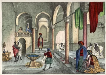 Het Moorse bad (openbaar bad) in Algiers omstreeks 1830. In „Het oude en moderne Algerije” van Léon Galibert. Italiaanse editie van 1846, in kleur