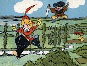 Le petit poucet achtervolgd door de ogre nadat hij zijn zeven-laarzen heeft gestolen (Hop-o-my-Thumb of ittle Thumbling, Little Thumb, of Little Pouket, sprookje van Charles Perrault) Chromolithografie uit het begin van de 20ste eeuw Privécollectie