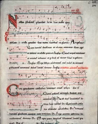 Blad uit een pelgrimsgids met liedteksten van de bedevaart naar Santiago de Compostela (Santiago de Compostella), fol. 214 r. Uit een 13e-eeuws manuscript. Archief van de kathedraal van Santiago de Compostela (Santiago de Compostela), Spanje