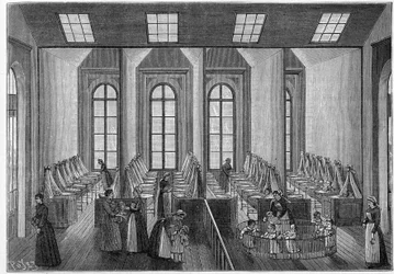 De crèches: crèche en crèche van Guise (Aisne, 02). Interne weergave van de hoofdruimte. Gravure in 