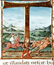 Versierde initiaal T met een ruiter en een ossendrijver - miniatuur uit „De Bucolica” (Eclogae) van Vergilius (Publius Vergilius Maro) (70-19 v.Chr.) (Ms IV E.12), 15e eeuw, Napels, Biblioteca Nazionale