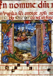 Lettrine van een 15e-eeuws koor. Verschijning van Christus na zijn opstanding aan ongelovige apostelen aan het Meer van Tiberias. Biblioteca nazionale Braidense, Milaan