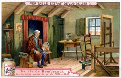 Liebig chromolithografie over het leven van Rembrandt (1606/1669), Nederlandse schilder. Hier de laatste jaren van zijn leven 1656-1669.