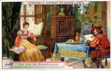 Liebig chromolithografie over het leven van Rembrandt (1606-1669), Nederlandse schilder. Hier tekent hij het portret van zijn jonge vrouw Saskia in 1654
