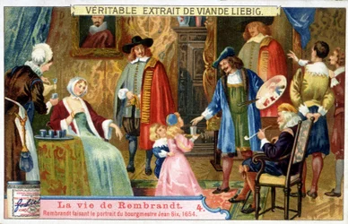 Liebig chromolithografie over het leven van Rembrandt (1606 - 1669) Nederlandse schilder, hier portretteert hij burgemeester Jean Six in 1654.