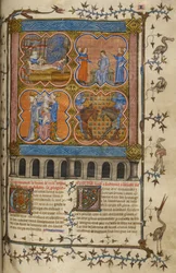Leven van Julius Caesar: vier miniaturen die zijn geboorte, scheiding, pontificaat en gevecht met Pompeius tonen