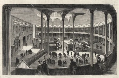 Het interieur van een emigrantendepot van Castle Garden - New York State - Emigratiecommissie - Gravure in 