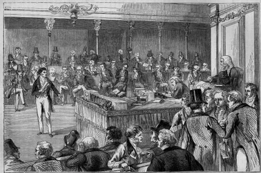 Lord John Russell (1792-1878) introduceert de Reform Bill (Reform Act) in het Hogerhuis 1832 (gravure)