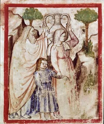 Lot gaat met zijn dochters naar de berg om te ontsnappen aan de vernietiging van Sodom. De dochters zullen hun vader bedwelmen. Miniatuur uit codex 212 (of padovano codice of Bijbel van Padua). 1390-1400. Rovigo, Accademia dei Concordi