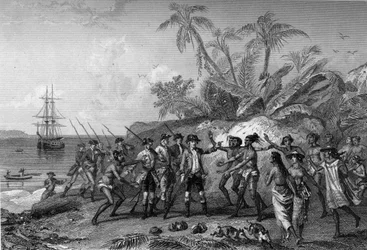 Louis Antoine Comte de Bougainville, Franse navigator (1729-1811), nadert de eilanden van de Markiezen in Tahiti, 6 april