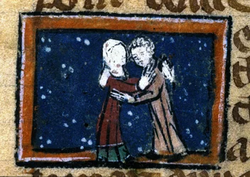 Liefdesscène uit een 13e-eeuws Frans manuscript