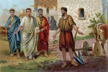 Lucius Quinctius Cincinnatus (ca. 520/ca. 430 v.Chr.), Romeins consul, bezig met landbouwtaken toen de Senatoren (Senaat van het Romeinse Rijk) hem kwamen smeken om het opperbevel te aanvaarden en dictator van Rome te worden in 458 v.Chr. Chromolithografie