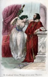 Lucrezia Borgia (1480-1519) met haar broer Cesare Borgia. Gravure uit 1842 in 