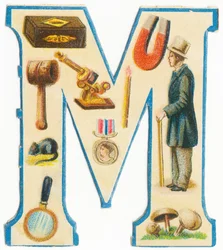 M: lucifers, magneet, hamer, microscoop, muis, medaille, man, vergrootglas, paddenstoelen