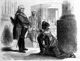 Madame de gravin van Labedoyere op de knieën van Lodewijk XVIII, koning van Frankrijk.