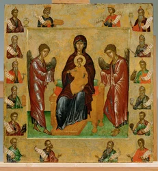Tronende Madonna, aartsengelen en twee heiligen, omringd