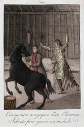 Magische ceremonie van een sjamaan Yakoute (Yakoute) om een zieke te genezen (Siberië) - gravure, begin 19e eeuw