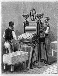 Het maken van speelkaarten volgens oude methoden. Cilinder van speelkaarten. Gravure uit 1893.