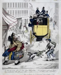 Man mist de omnibus. Cartoon gemaakt rond 1840