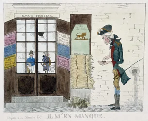 Man zonder geld voor de cateringwinkel - gravure