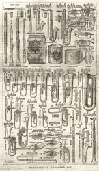 Fabriek van Adolphe (Adolph) Sax, uitvinder van de saxofoon (1814-1894). Gravure in 