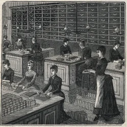 Fabricage van metalen veren: sorteren en verpakken van veren in een fabriek in Frankrijk in de 19e eeuw. Gravure uit 1885 in 