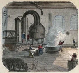 Suikerproductie in een fabriek. Illustratie uit de 19e eeuw. Bianchetti collectie