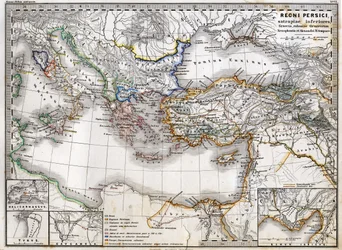 Kaart van het Perzische Rijk tijdens de regering van Alexander de Grote. Atlas van 1865.