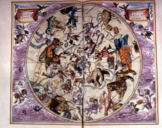 Kaart van de hemel en tekens van de dierenriem - facsimile van een oude compositie die de sterrenbeelden van de noordelijke hemel voorstelt, volgens de 