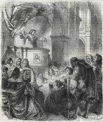 Marie de Rabutin-Chantal, markiezin van Sevigne, luistert naar Louis Bourdaloue in de kerk van de jezuïeten, Saint-Louis in Parijs - gravure uit 1866