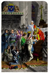 Huwelijk tussen Karel VIII (1470-1498) en Anna van Bretagne (1477-1514) op 13 december 1491 in het kasteel van Langeais, Gravure 19e eeuw