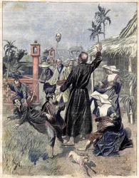 Bloedbad van christenen in China in 1893, gebaseerd op de aquarel van M. de Parys voor Le soleil du dimanche. Oktober 1893