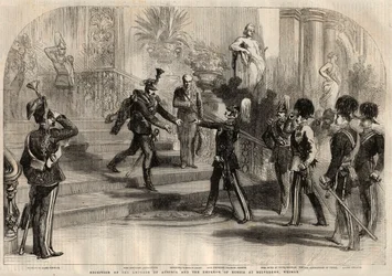 Ontmoeting tussen de Russische tsaar Alexander II (1818-1881) en de Oostenrijkse keizer Frans Jozef I (1830-1916) in het Belvedere in Weimar (Duitsland). Van links naar rechts: Alexander II, Frans Jozef I, Karel Alexander, groothertog van