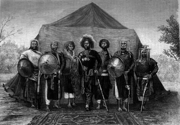 Menelik II (1844-1913), koning van Ethiopië, omringt zich met zijn legeraanvoerders. Gravure in 