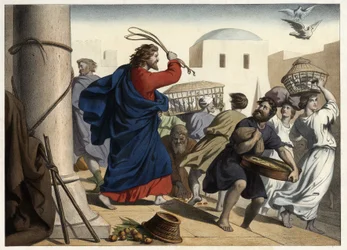 Kooplieden verdreven uit de tempel. Anonieme gravure uit het midden van de 19e eeuw.