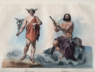 Mercurius (Hermes) en Neptunus (Poseidon) - gravure uit 