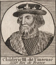Merovingische Dynastie: Portret van Childerik III (714-755) Koning van de Franken (gravure uit 