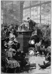 Maatregelen genomen tegen de cholera-epidemie verspreid in Toulon: de ontsmettingsruimte van het station van Lyon, Parijs. Gravure in “Le Monde Illustré”