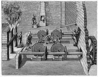 Metallurgie in de 18e eeuw: een gieterijtrein. Gravure in 