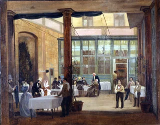 Milaan, eetkamer van het Rebecchino hotel. 1830 Stendhal, alleenstaand en zonder geld, woonde in dit hotel evenals in vele andere in Italië. Museo Milano, Milaan