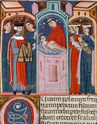 Miniatuur doopscène uit de Codex Justinianus, verzameling wetten en instellingen gepubliceerd onder de Romeinse keizer Justinianus I van Byzantium (483-565)