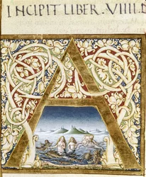 Miniatuur die sirenen voorstelt. Lettrine “A” - in “Naturalis Historiae” door Plinius de Oudere (23 - 79), ed. 1480. Victoria & Albert Library