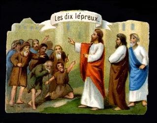 Wonderen van Jezus. Christus geneest de melaatsen. 19e-eeuwse chromolithografie