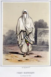 Moorse vrouw in stadskostuum in Algiers tijdens de tweede helft van de 19e eeuw