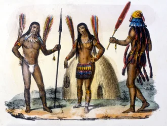 Mundrucu en Jivaros Indianen in Ecuador. Gravure 1846-48.
