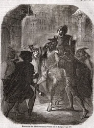 Moord op Lodewijk I van Valois, hertog van Orléans (1372-1407), in de Oude Rue du Temple door Jean sans Peur - in „Histoire de France“ van L.-P. Anquetil