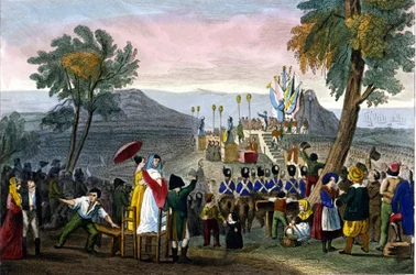 Napoleon I overhandigde het Legioen van Eer aan de soldaten in Camp de Boulogne op 16 augustus