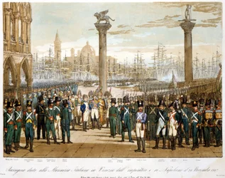 Napoleon I in Venetië op 29 november 1807 voor de Italiaanse marine. Gravure uit 1845