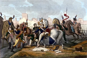 Napoleon I gewond voor Regensburg op 23 april 1809. Gravure 19e eeuw